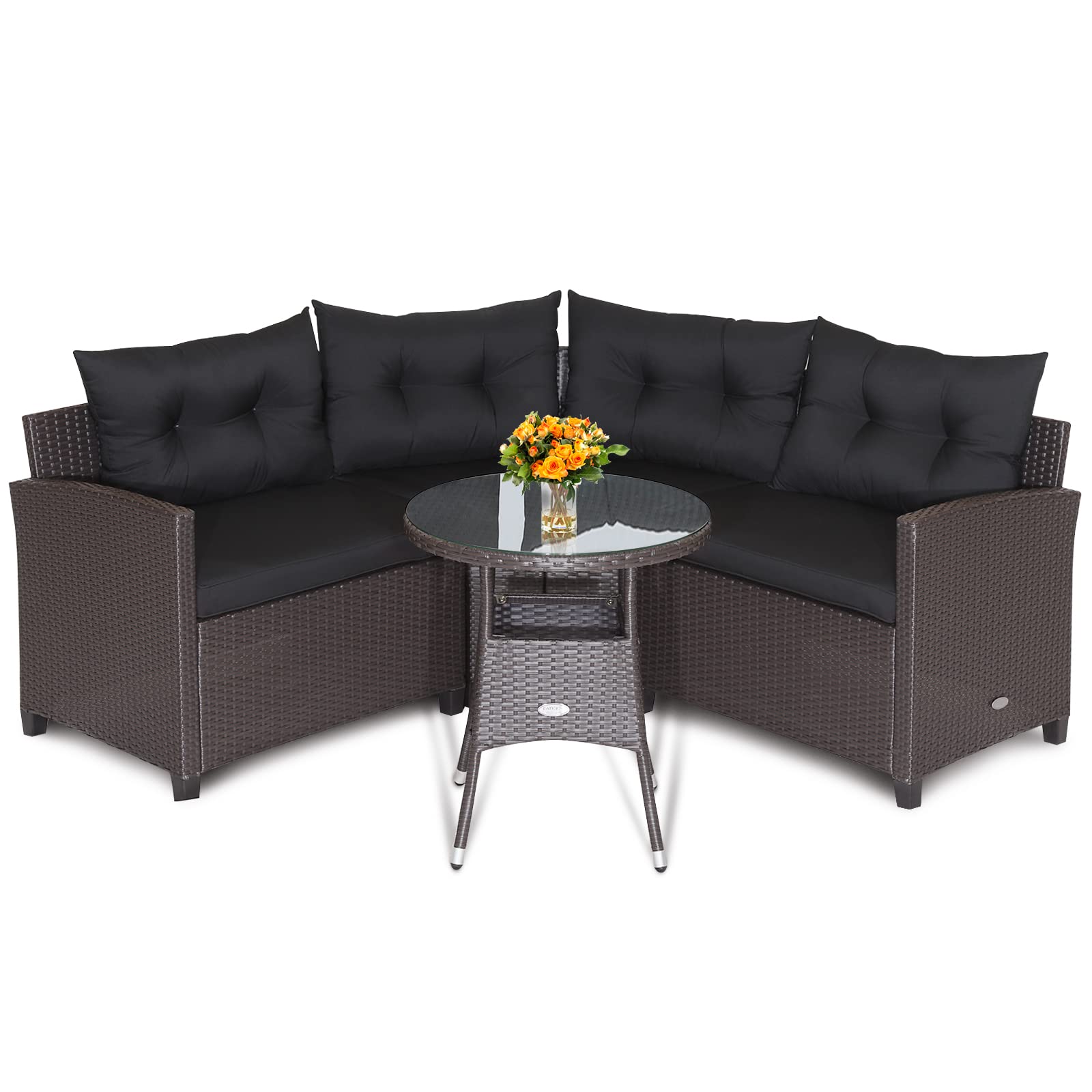 Tangkula Ensemble de canapé d'extérieur 4 pièces, ensemble de chaises d'angle en rotin de patio avec table d'appoint ronde